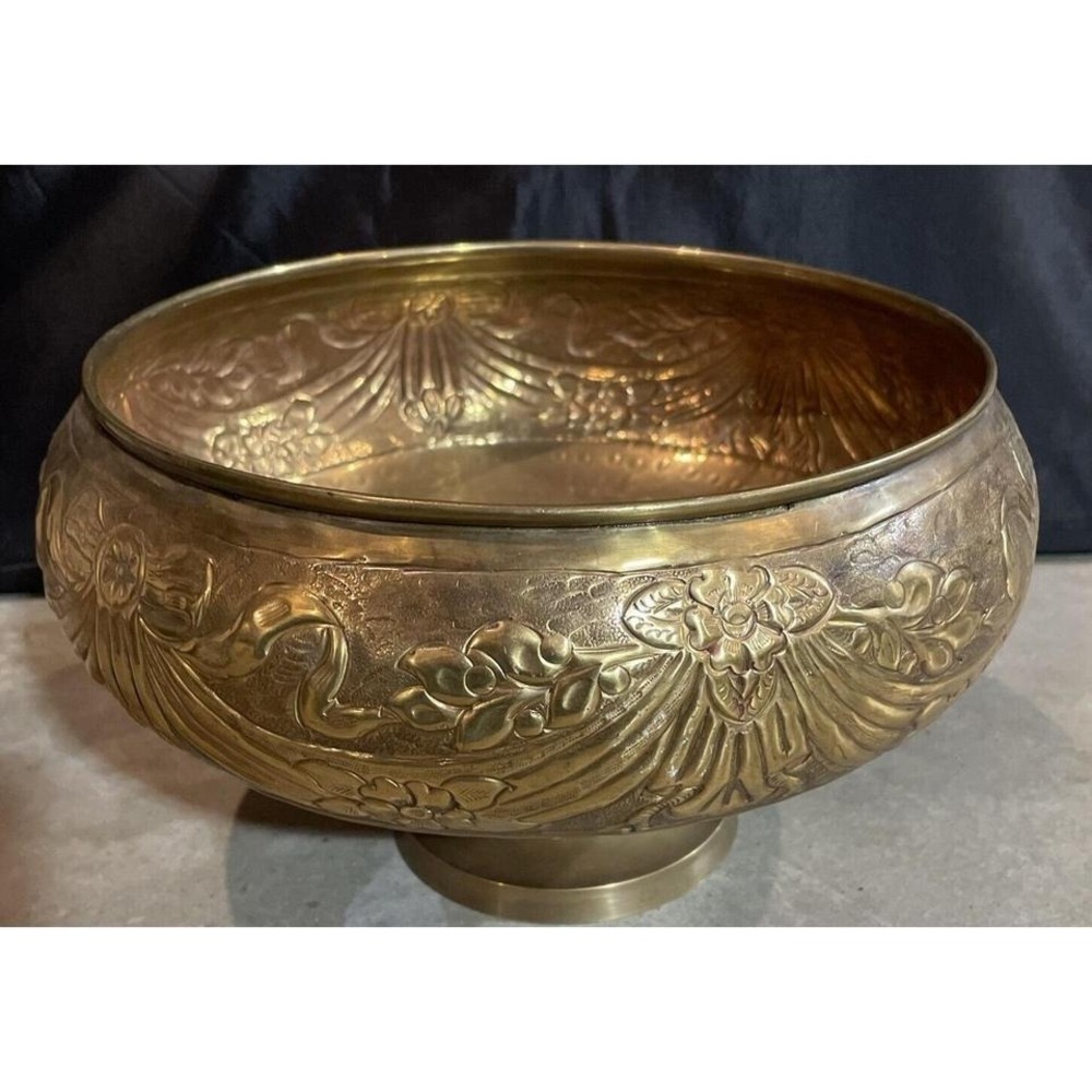 Early 1900s Indian Bronze Footed Bowl Floral Ribbons